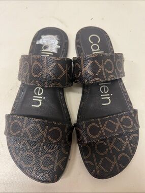 Calvin Klein Brown Monogram Double-Strap Slide Sandals